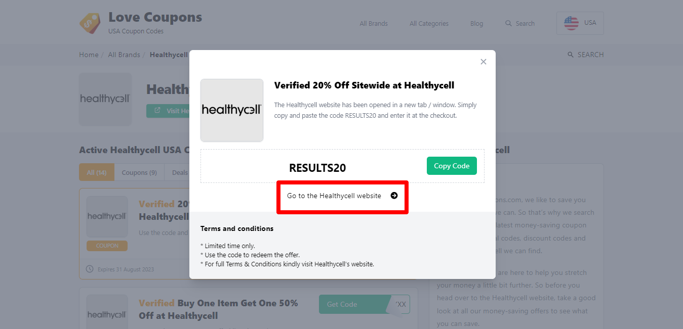 Box displayed on a darkened background of a Healthycell coupon code with the terms and conditions showing