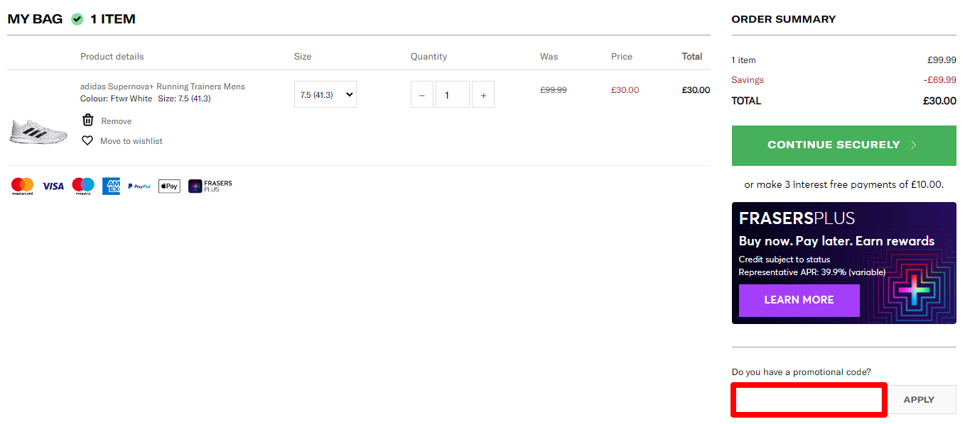 The brand checkout page with where to add the Sports Direct voucher code highlighted with a red box