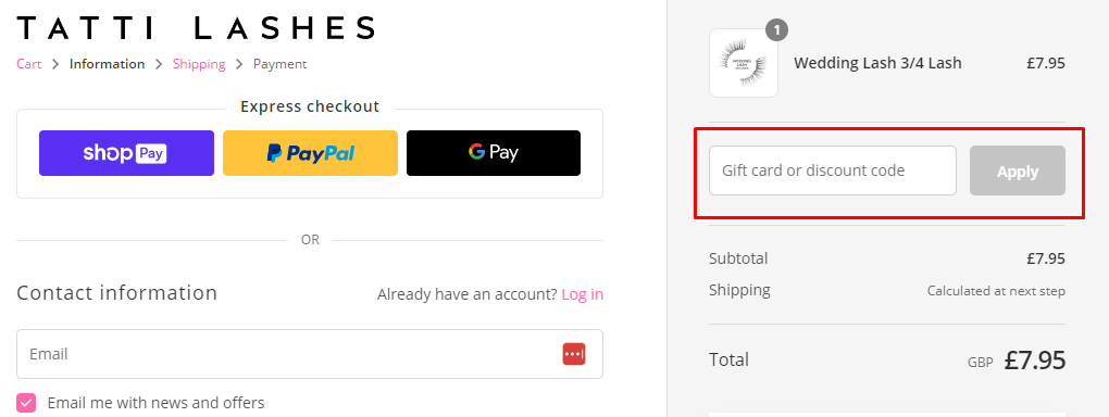 How do I use my Tatti Lashes discount code?