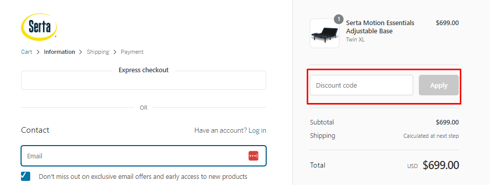 How do I use my Serta discount code?