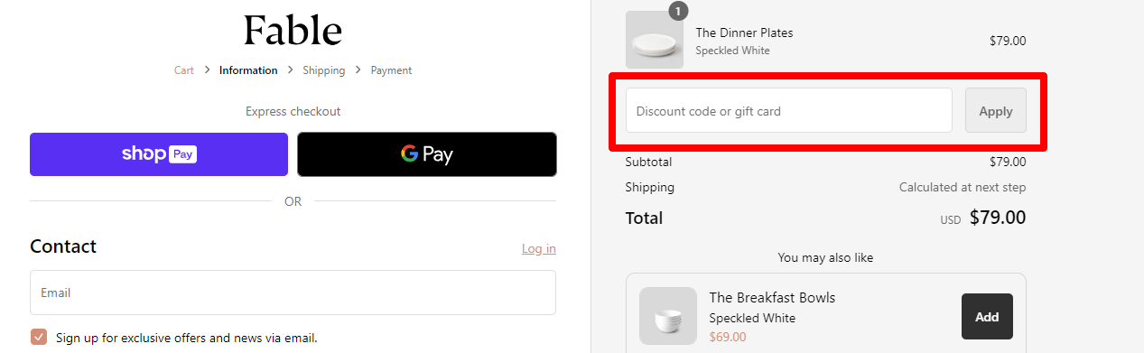 The brand checkout page with where to add the Fable Home discount code highlighted with a red box