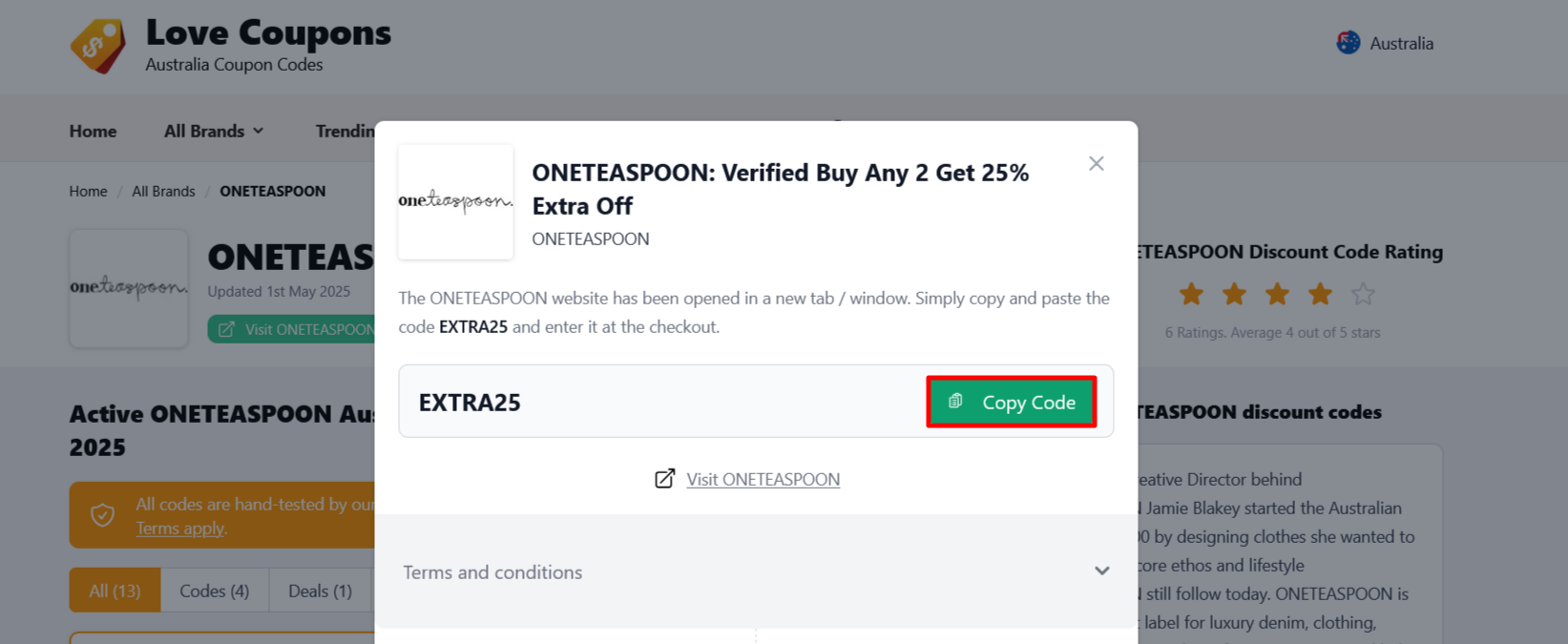 Where to copy your code is on the ONETEASPOON page on Love Coupons