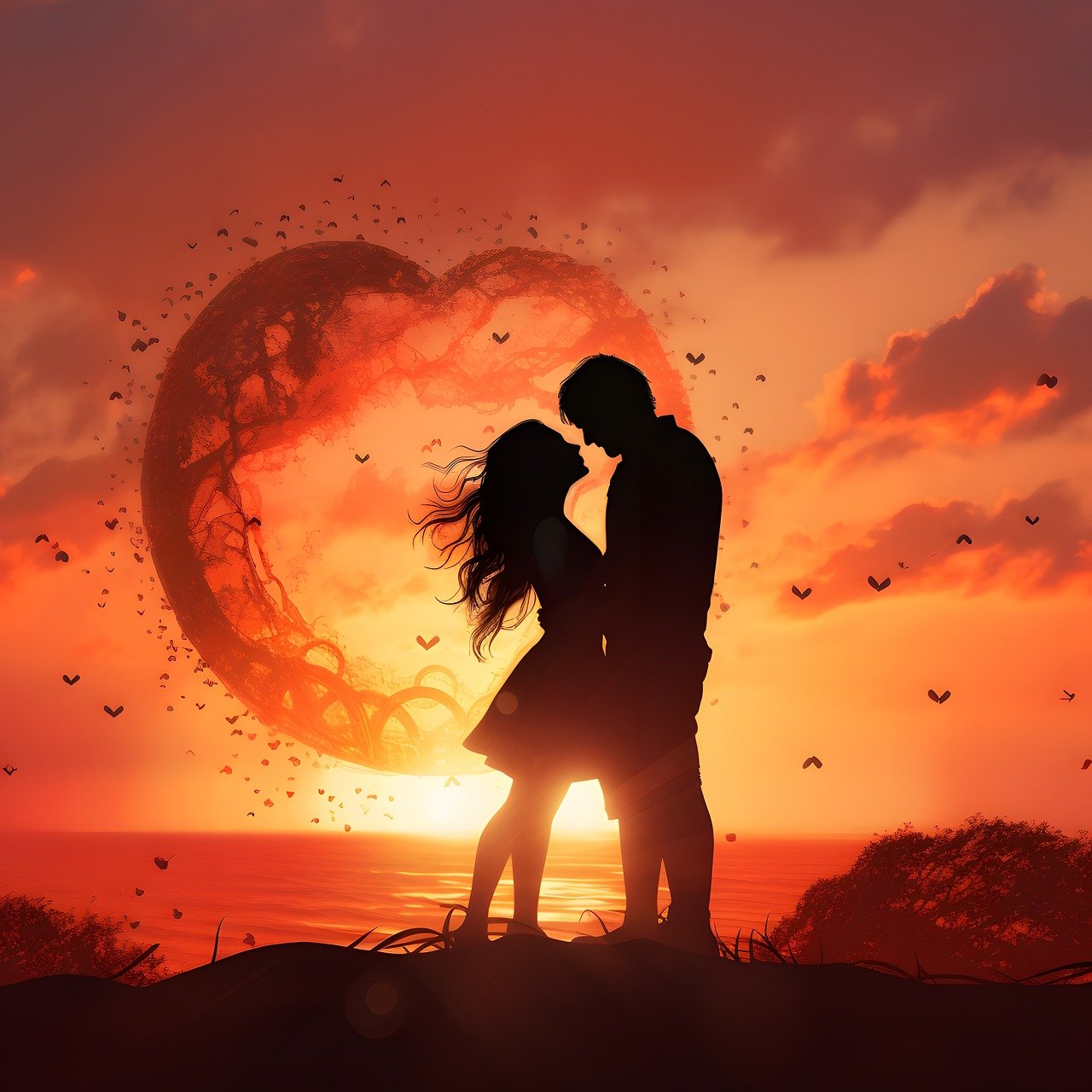 fondo con una pareja oscura y fondo de atardecer rojo disponible con los códigos descuento de san valentín