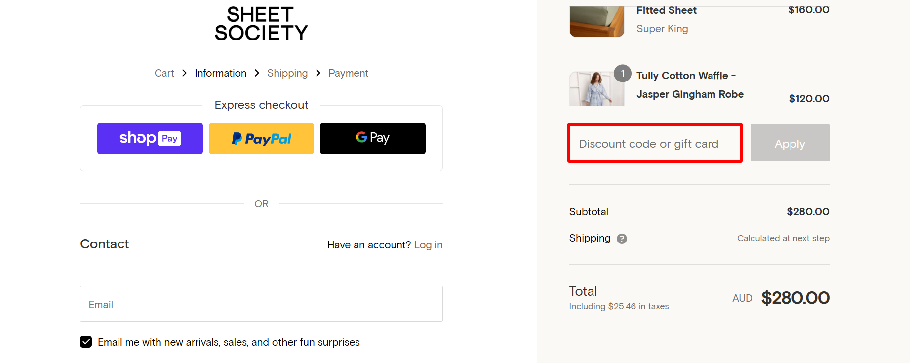 The highlighted red box at the brand checkout page is showing where to add the Sheet Society discount code.
