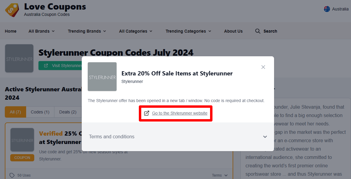 box with the terms and conditions mentioned, lingering over the Stylerunner discount code.