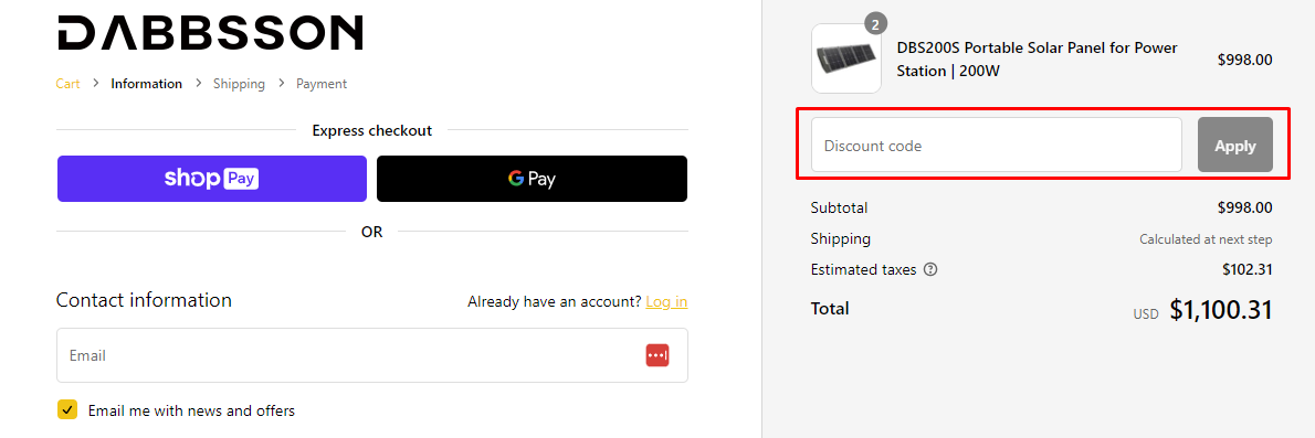 How do I use my DABBSSON discount code?