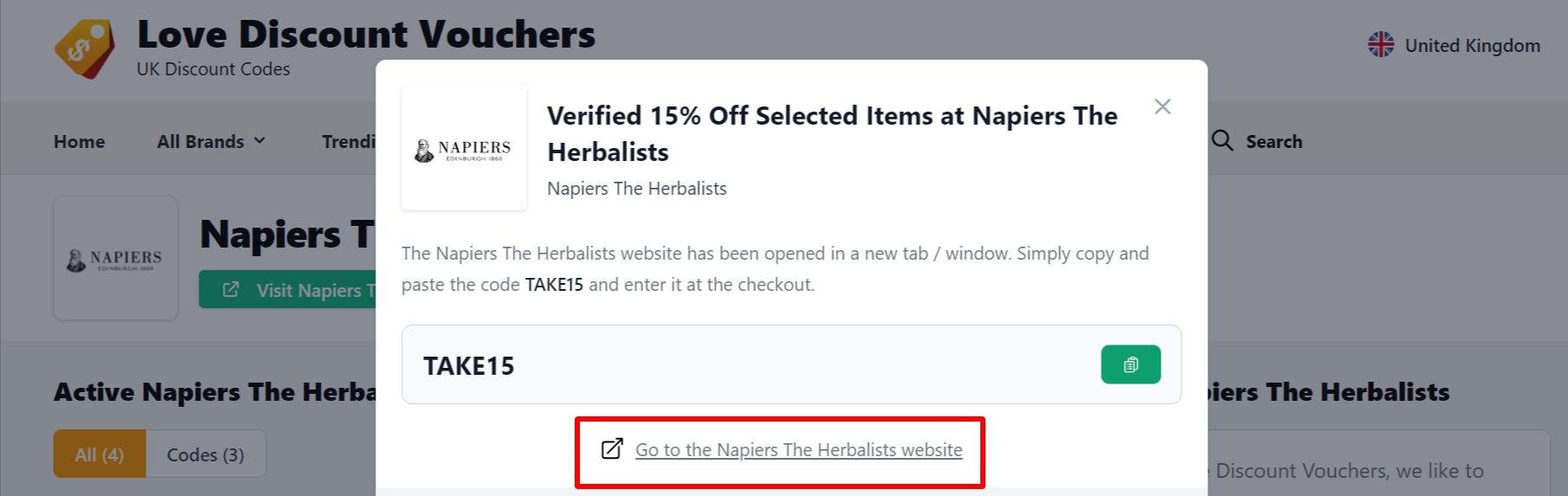 Highlighted in red shows where to find the link that takes you to the Napiers The Herbalists website.