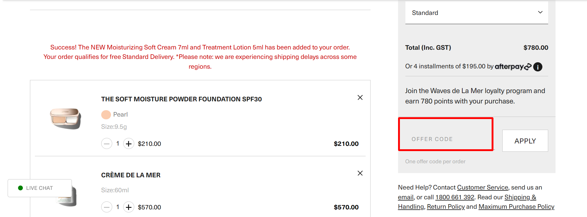 Image: The brand checkout page with where to add the Creme De La Mer discount code highlighted with a red box The brand checkout page with where to add the Creme De La Mer discount code highlighted with a red box