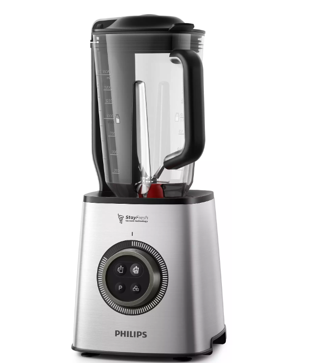 The Philips high-speed vacuum blender in a silver colour and with a titanium jar on a white background