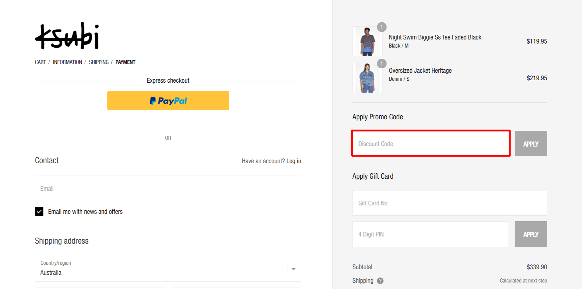 The highlighted red box at the brand checkout page is showing where to add the Ksubi discount code.