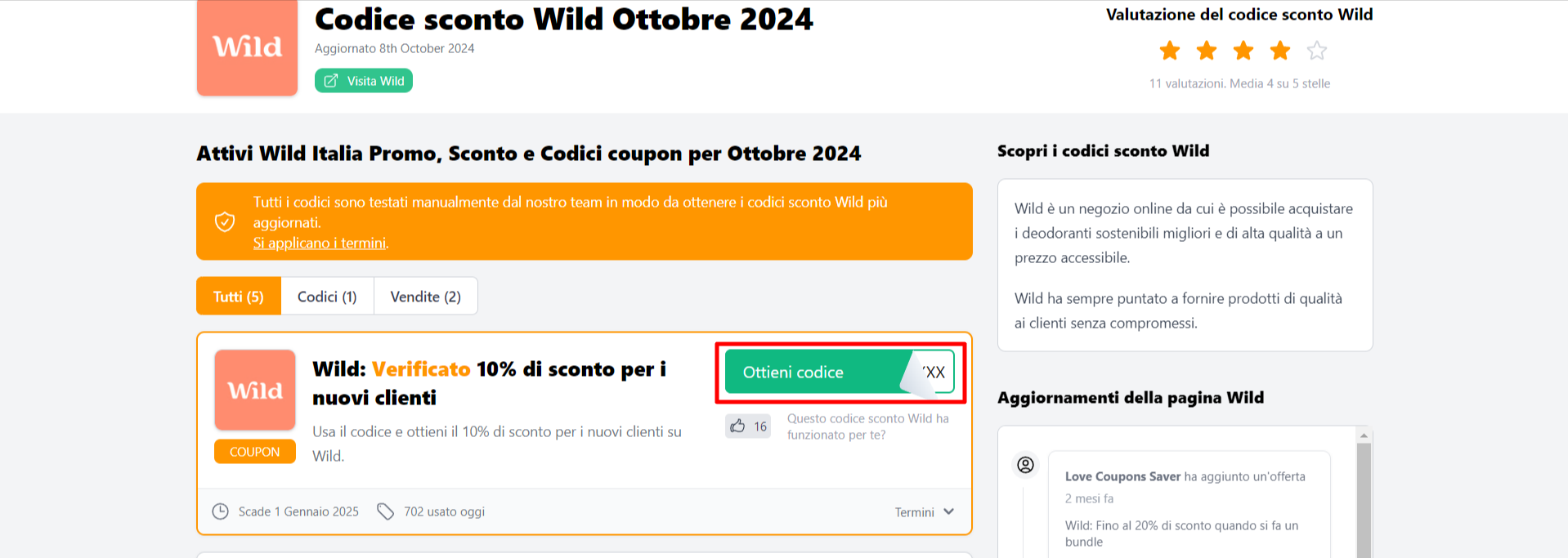 possibilitá di ottenere il codice sconto Wild cliccando all'interno del riquadro rosso