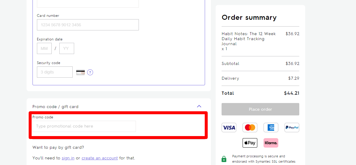 The brand checkout page with where to add the Not On The High Street coupon code is highlighted with a red box