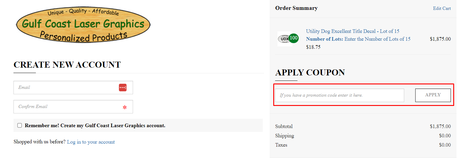 How do I use my Gulf Coast Laser Graphics Promotion code?