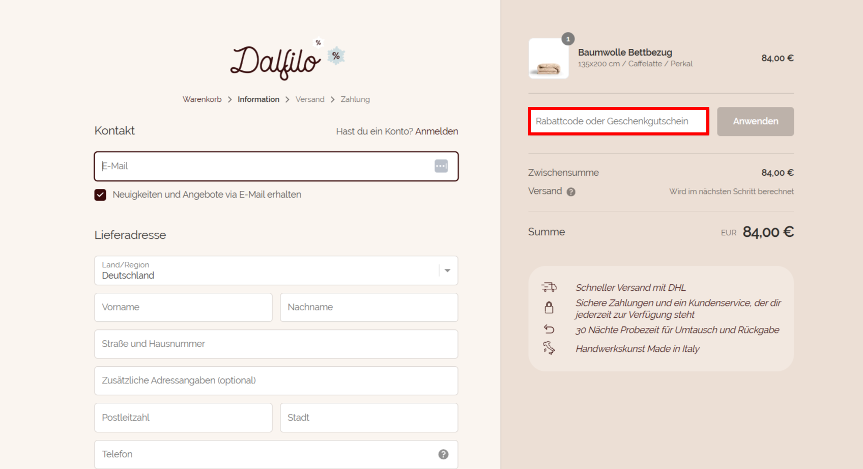 Der Checkout von  Dalfilo mit rotmarkierter Stelle für den  Dalfilo Gutscheincode