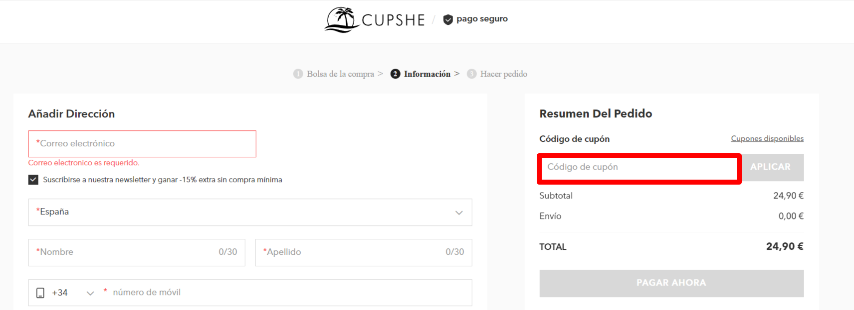 Página de pago de la marca donde agregar el descuento Cupshe resaltado con un cuadro rojo
