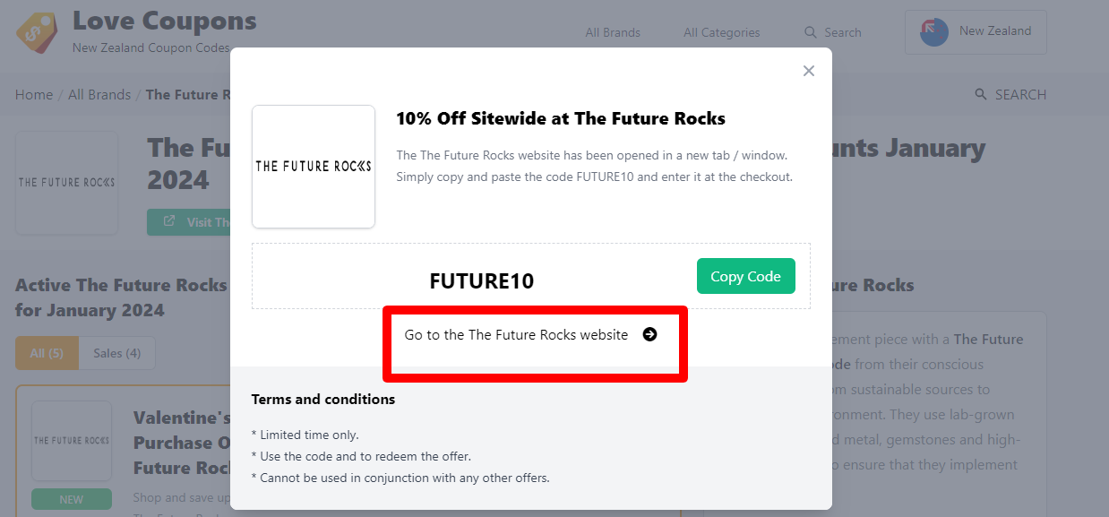 Box displayed on a darkened background of a The Future Rocks coupon code with the terms and conditions showing
