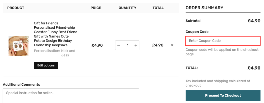 The Pomchick shopping cart page with where to paste the Pomchick voucher code in a red box