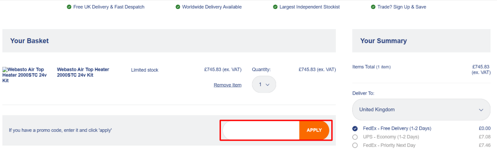 The Butler Technik basket page with the promo code box highlighted with a red box