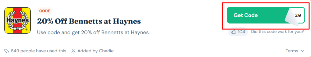 A Haynes coupon code with "Get Code" in a red box