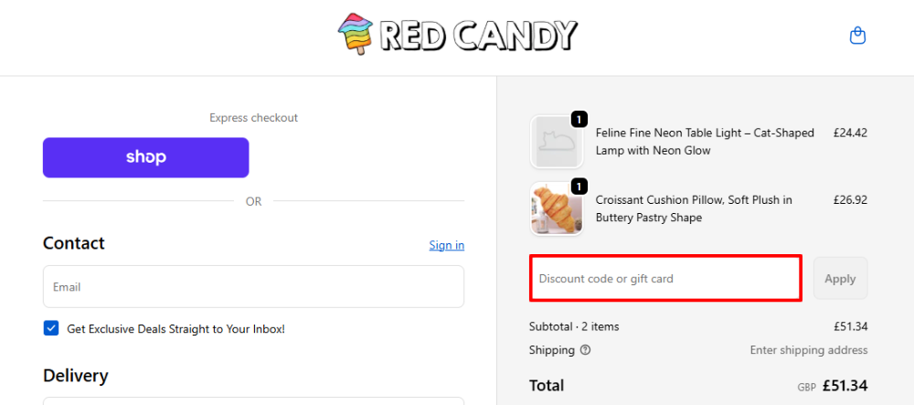 The Red Candy checkout page with where to paste the Red Candy voucher code in a red box