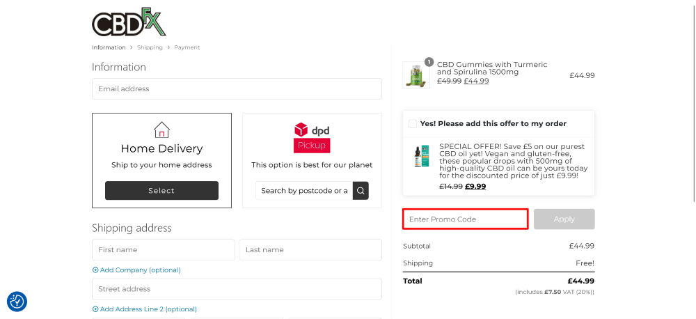The checkout page shows where to apply your CBDfx discount code