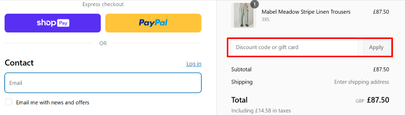 A box where you can add your Beyond Nine discount code to redeem it