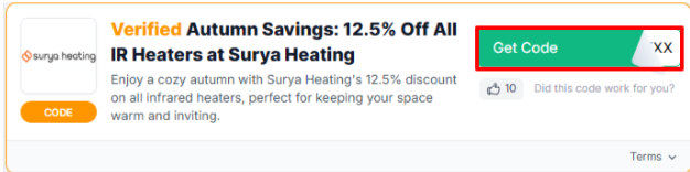 A red box is highlighted to reveal a Surya Heating voucher code