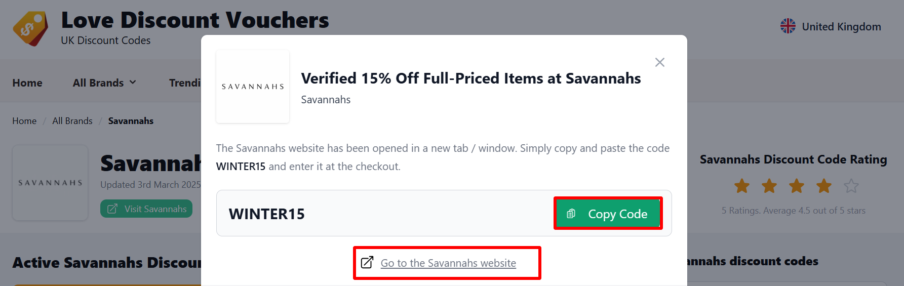 The highlighted red box shows the link that takes you to the Savannahs website