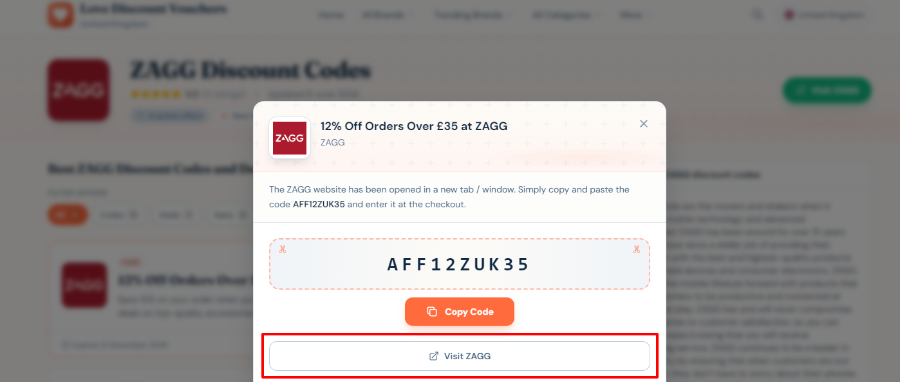 ZAGG code is visible and a red box is around 'visit ZAGG'