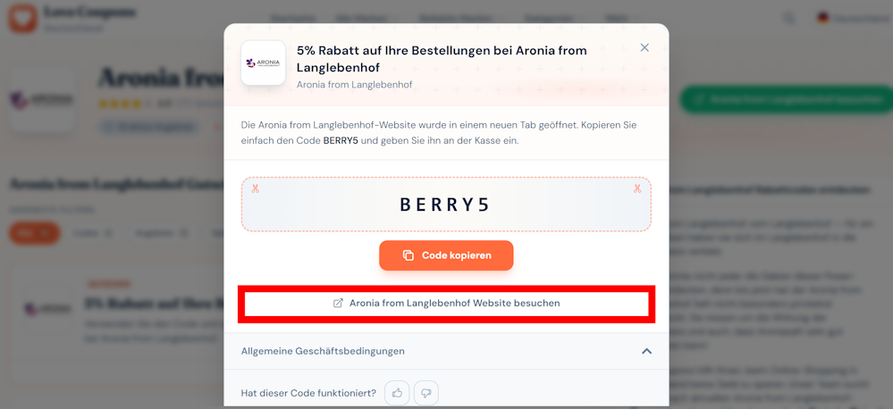 Ein offener Gutschein für Aronia from Langlebenhof mit rotmarkiertem Link