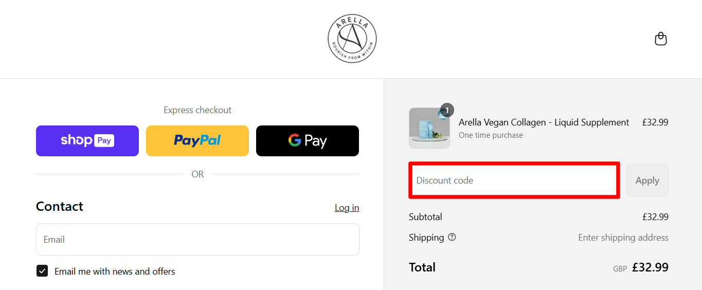 The Arella Beauty checkout page with the voucher code box highlighted with a red box