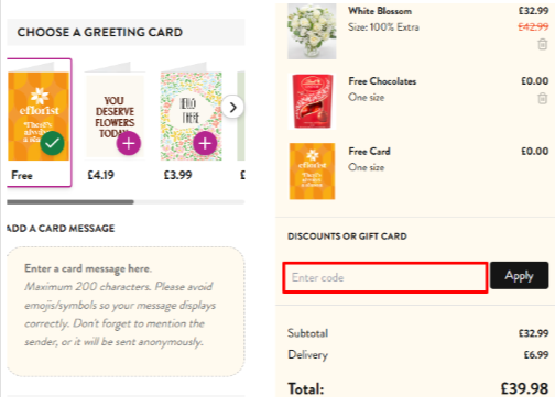 A box where you enter an Eflorist voucher code to redeem it.