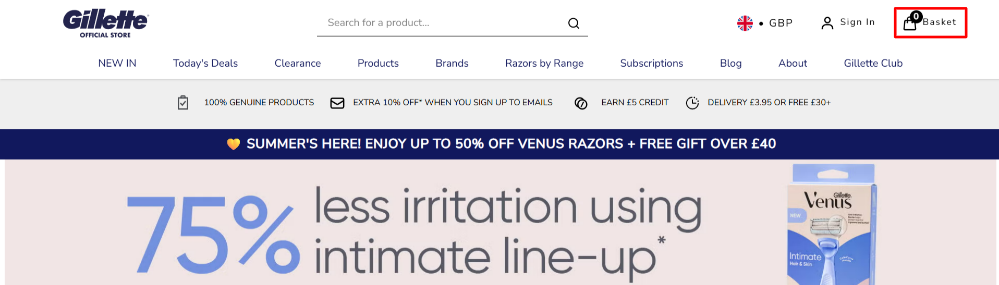 The Gillette website and the shopping categories