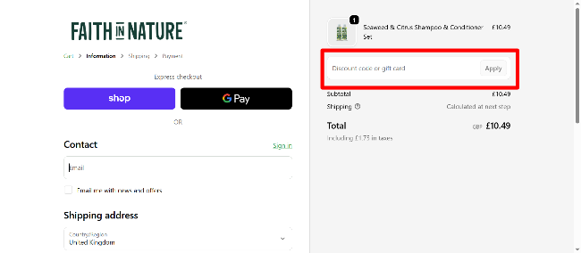 Faith In Nature product information page with a code box