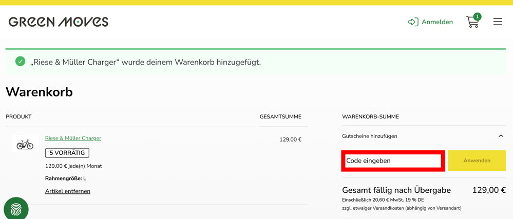Warenkorb von Green Moves mit rotmarkiertem Eingabefeld