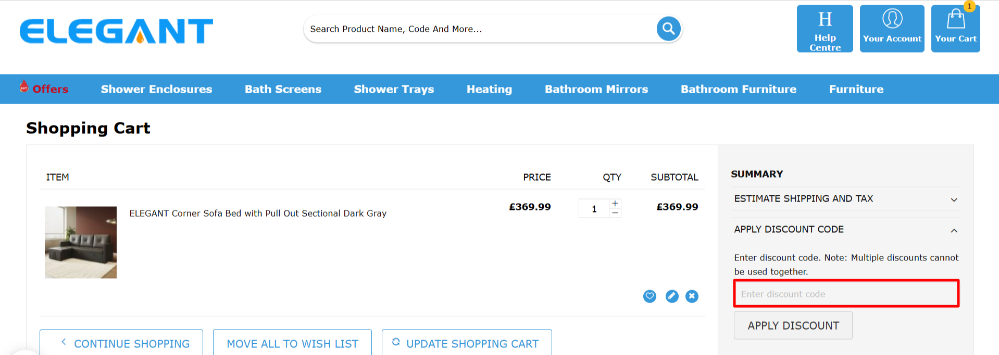 The Elegant Showers checkout page and the Elegant Showers discount code box