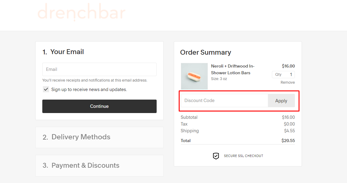 How do I use my drenchbar discount code?