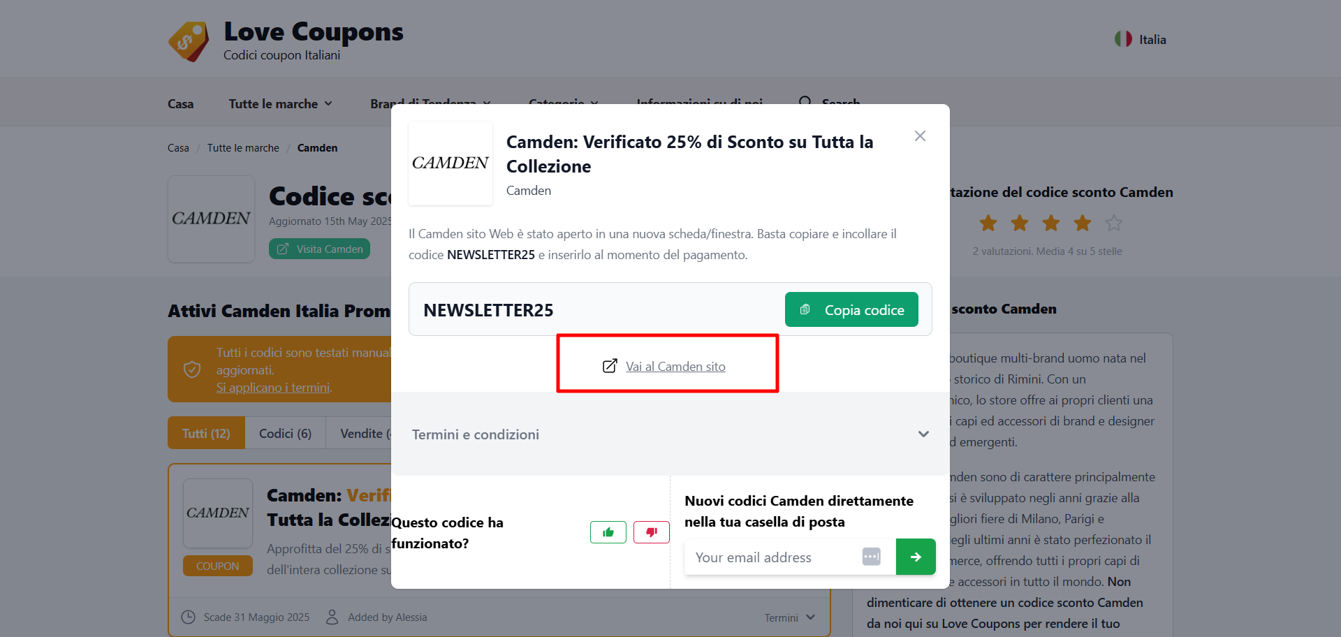 collegamento diretto alla piattaforma Camden dove poter applicare un codice sconto Camden per abbassare il prezzo totale
