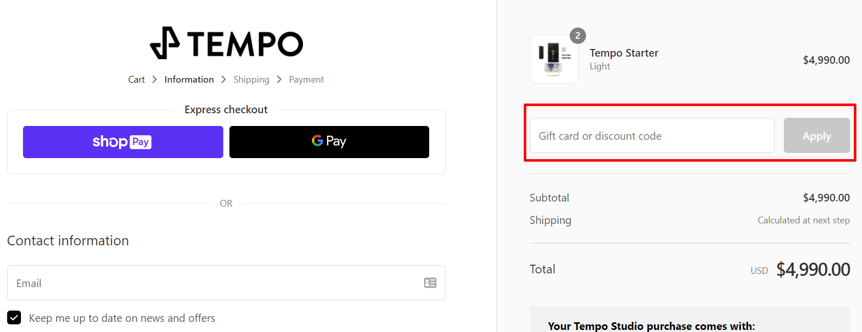 How do I use my Tempo discount code?