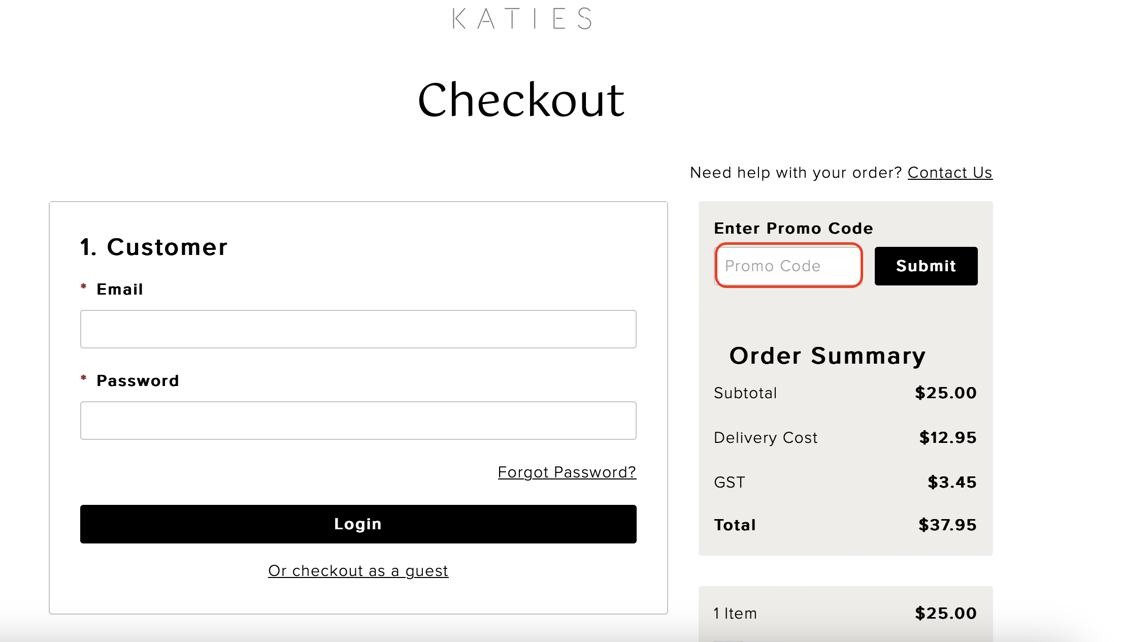 The highlighted red box at the brand checkout page is showing where to add the Katies promo code.
