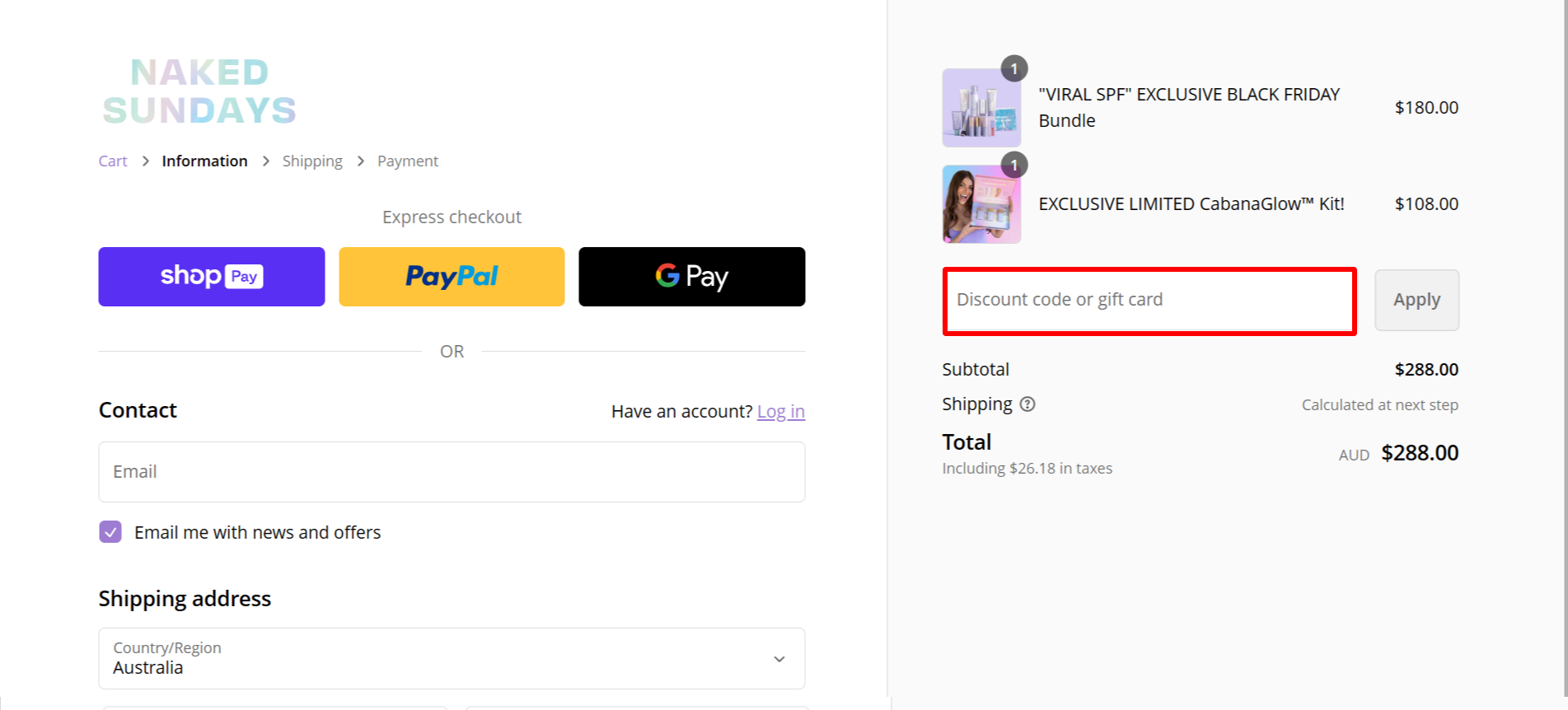 The highlighted red box at the brand checkout page is showing where to add the Naked Sundays discount code.