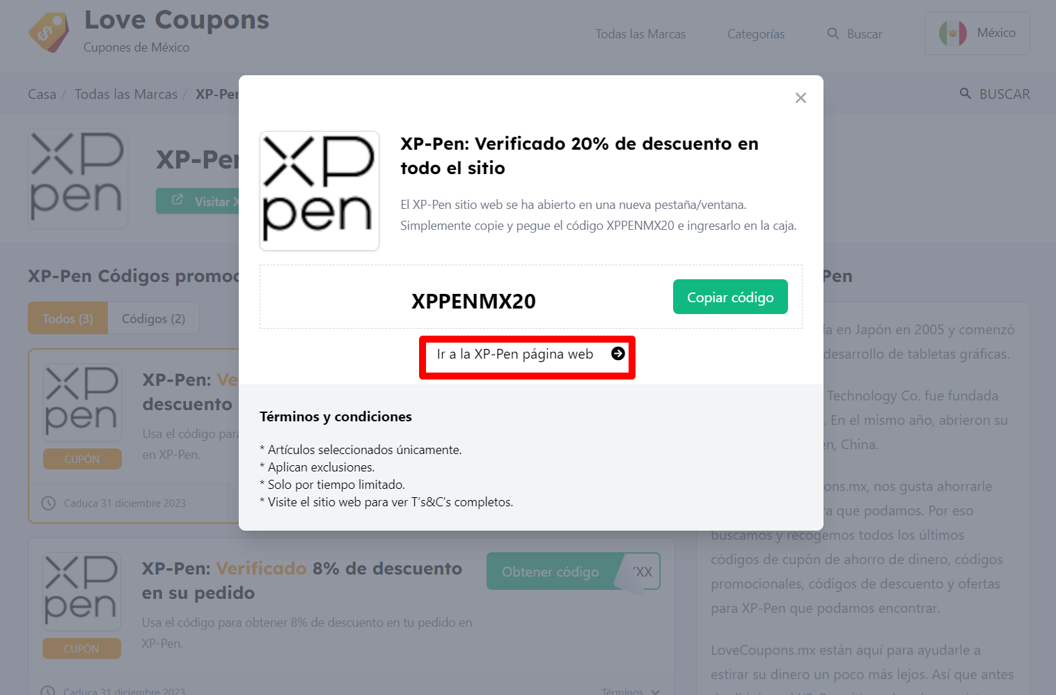 Cuadro que se muestra sobre un fondo oscurecido de un código descuento XP-Pen con los términos y condiciones que se muestran