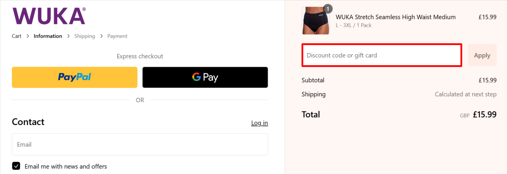 The checkout page showing where to apply your discount code