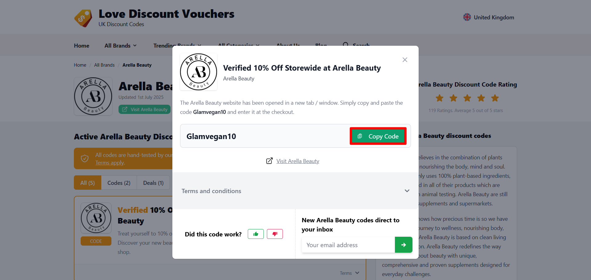 A pop-up displaying an Arella Beauty voucher code and its terms and conditions