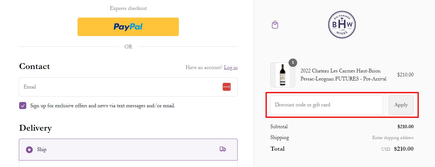 How do I use my Big Hammer Wines discount code?