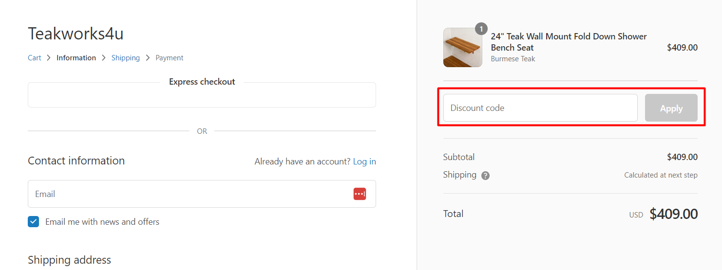 How do I use my Teakworks4u discount code?