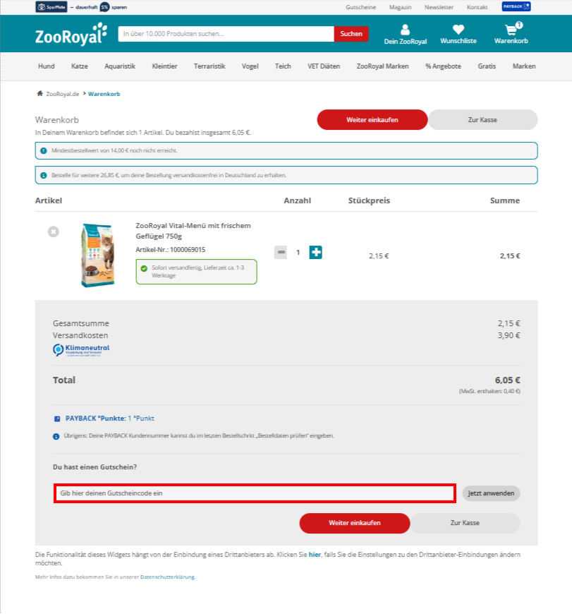 Der Warenkorb von ZooRoyal mit rotmarkierter Stelle für den ZooRoyal Gutscheincode