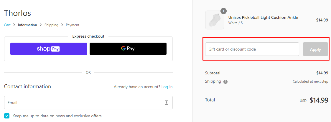 How do I use my Thorlos discount code?