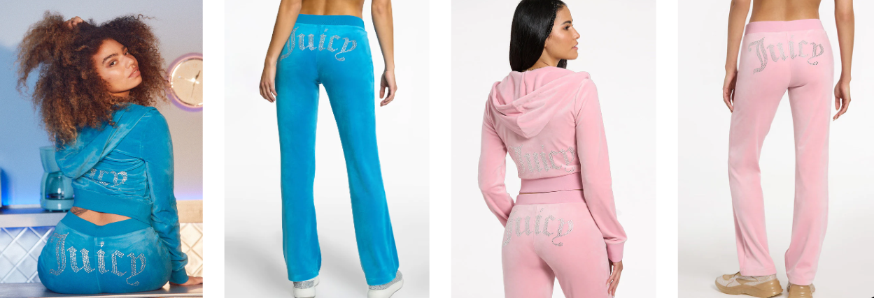 A collage of pictures showing a woman sitting down wearing a blue track top and bottom, standing with a blue track bottom, another woman with a pink tracksuits and then one with pink bottom bought using a Juicy Couture discount code