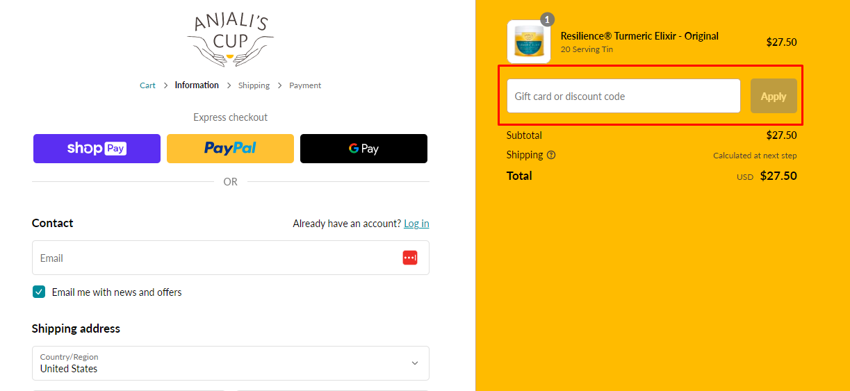 How do I use my Anjali's Cup discount code?